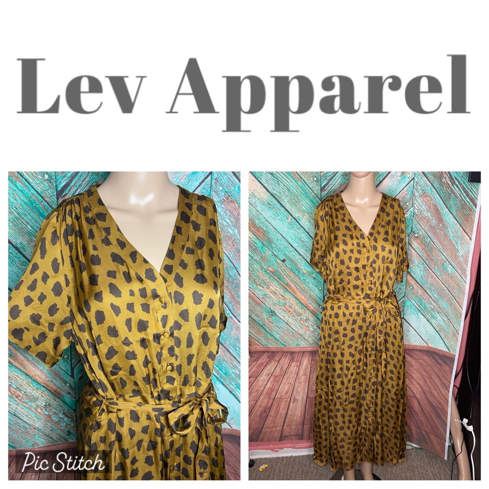 LEV Apparel Satin Modal Leopard Print Maxi Belted Shirtdress